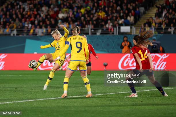 Rebecka Blomqvist of Sweden scores her team's first goal during the FIFA Women's World Cup Australia & New Zealand 2023 Semi Final match between...