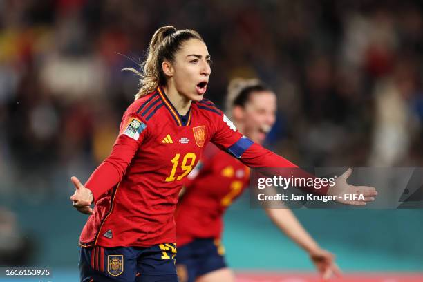 Olga Carmona of Spain celebrates after scoring her team's second goal during the FIFA Women's World Cup Australia & New Zealand 2023 Semi Final match...