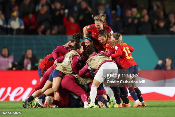 Olga Carmona of Spain celebrates with teammates after scoring her team's second goal during the FIFA Women's World Cup Australia & New Zealand 2023...