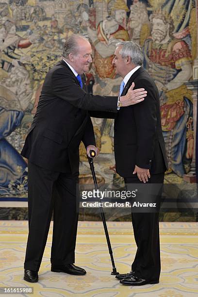 King Juan Carlos of Spain receives Guatemalan President Otto Perez Molina at Zarzuela Palace on February 13, 2013 in Madrid, Spain.