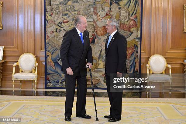 King Juan Carlos of Spain receives Guatemalan President Otto Perez Molina at Zarzuela Palace on February 13, 2013 in Madrid, Spain.