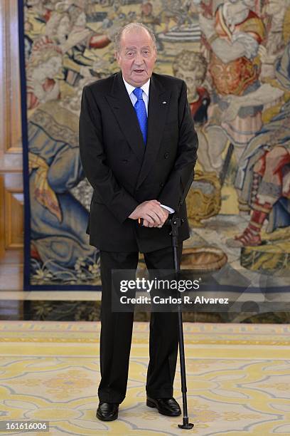 King Juan Carlos of Spain receives Guatemalan President Otto Perez Molina at Zarzuela Palace on February 13, 2013 in Madrid, Spain.