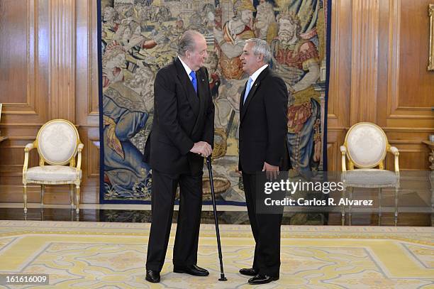 King Juan Carlos of Spain receives Guatemalan President Otto Perez Molina at Zarzuela Palace on February 13, 2013 in Madrid, Spain.