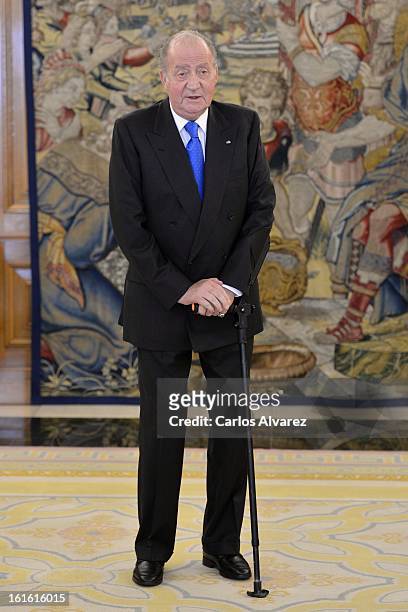 King Juan Carlos of Spain receives Guatemalan President Otto Perez Molina at Zarzuela Palace on February 13, 2013 in Madrid, Spain.