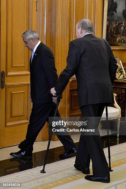 King Juan Carlos of Spain receives Guatemalan President Otto Perez Molina at Zarzuela Palace on February 13, 2013 in Madrid, Spain.