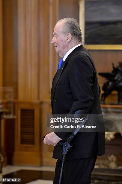 King Juan Carlos of Spain receives Guatemalan President Otto Perez Molina at Zarzuela Palace on February 13, 2013 in Madrid, Spain.