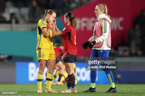 Magdalena Eriksson of Sweden is consoled by Aitana Bonmati of Spain after the FIFA Women's World Cup Australia & New Zealand 2023 Semi Final match...