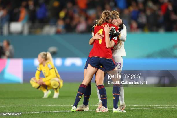 Irene Paredes, Ona Batlle and Cata Coll of Spain celebrate the team’s 2-1 victory and advance to the final following the FIFA Women's World Cup...