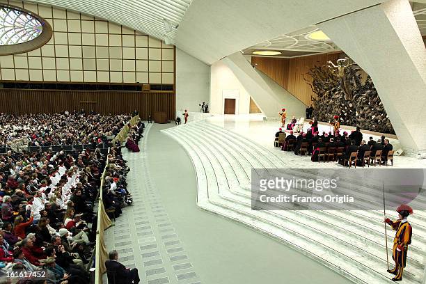 Pope Benedict XVI gives his weekly audience at the Paul VI Hall on February 13, 2013 in Vatican City, Vatican. The Pontiff will hold his last weekly...