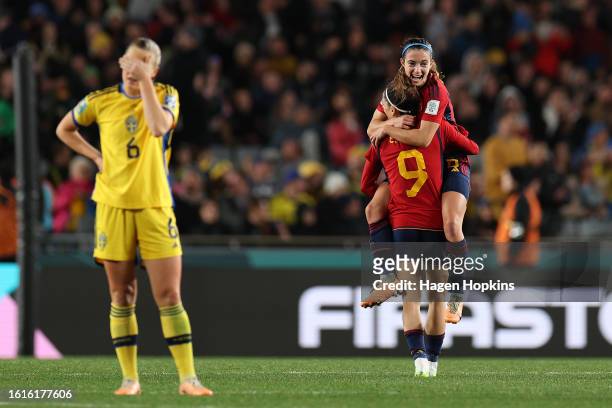 Aitana Bonmati and Esther Gonzalez of Spain celebrate the team’s 2-1 victory and advance to the final following during the FIFA Women's World Cup...