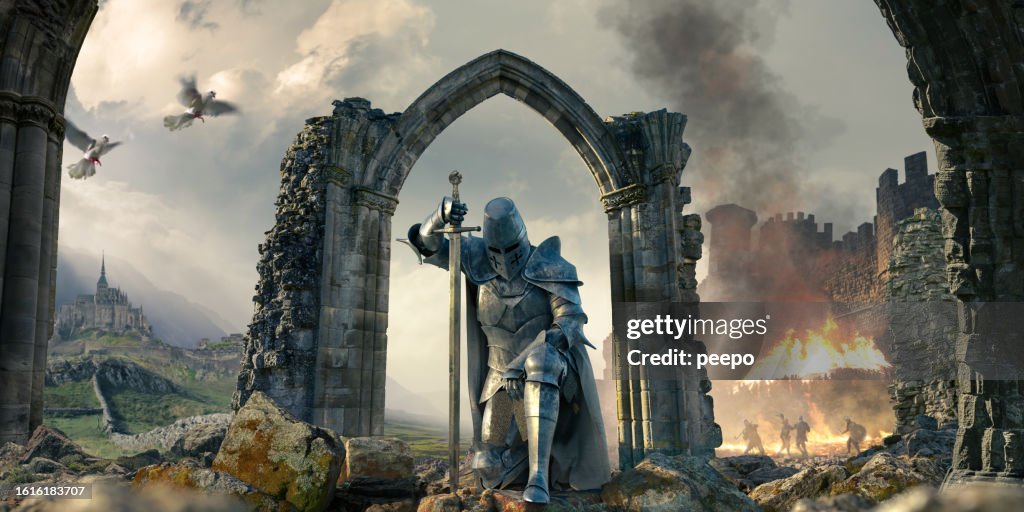 Cavaleiro ajoelhado sob a ruína do arco