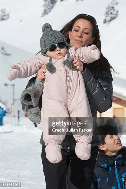 Princess Marie of Denmark poses with her daughter Princess Athena during their annual skiing holiday on February 13, 2013 in Villars-sur-Ollon,...