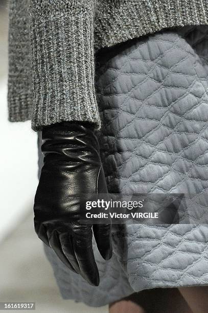 Model walks the runway at the Theyskens' Theory Ready to Wear Fall/Winter 2013-2014 fashion show during Mercedes-Benz Fashion Week at Skylight at...