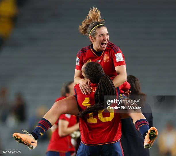Salma Paralluelo and Mariona Caldentey of Spain celebrate the team’s 2-1 victory and advance to the final following the FIFA Women's World Cup...