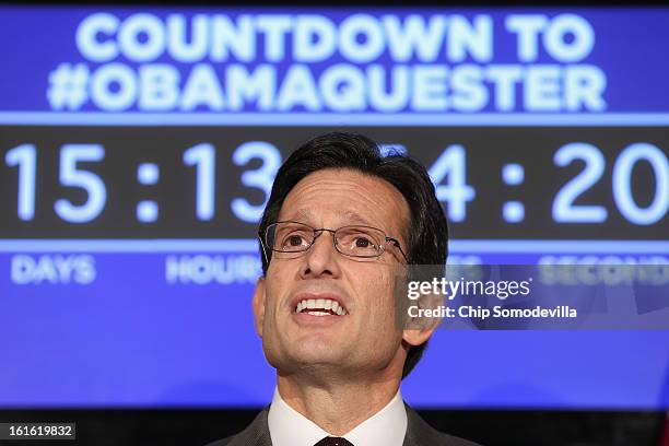 House Majority Leader Eric Cantor delivers remarks during a news conference with fellow House GOP leaders at the Republican Party Headquarters on...