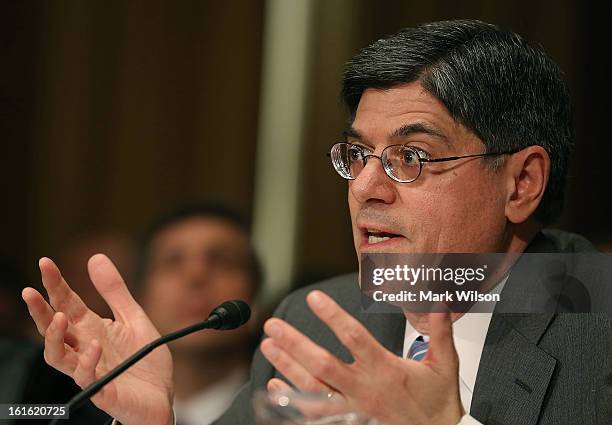 Treasury Secretary nominee Jack Lew speaks during his confirmation hearing before the Senate Finance Committee, February 13, 2013 in Washington, DC....