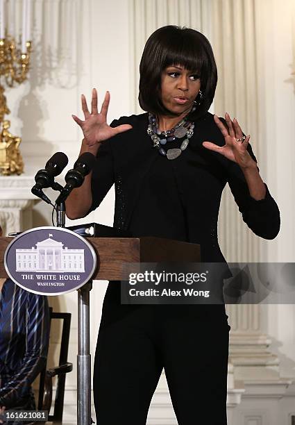 First lady Michelle Obama speaks during an interactive student workshop with the cast and crew of the film Beasts of the Southern Wild at the State...