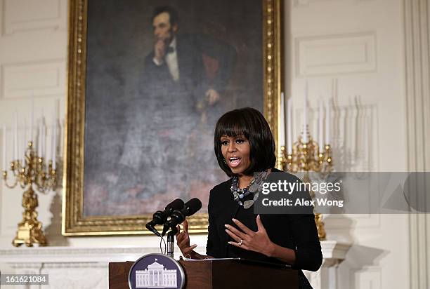 First lady Michelle Obama speaks during an interactive student workshop with the cast and crew of the film Beasts of the Southern Wild at the State...