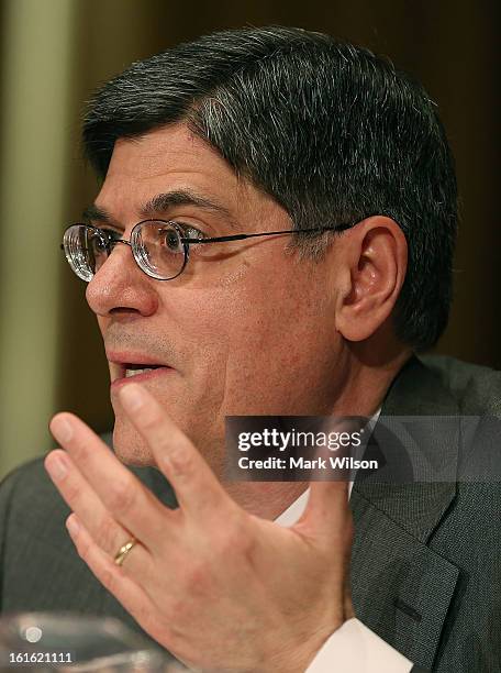 Treasury Secretary nominee Jack Lew speaks during his confirmation hearing before the Senate Finance Committee, February 13, 2013 in Washington, DC....