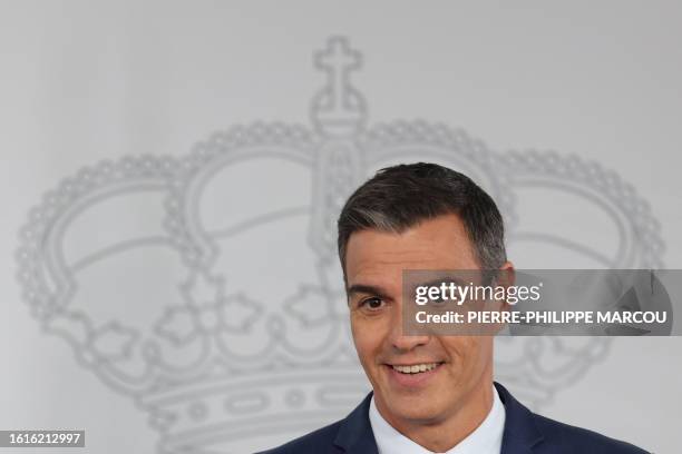 Spain's acting Prime Minister Pedro Sanchez gives a press conference after meeting with the King as part of the round of consultations with political...