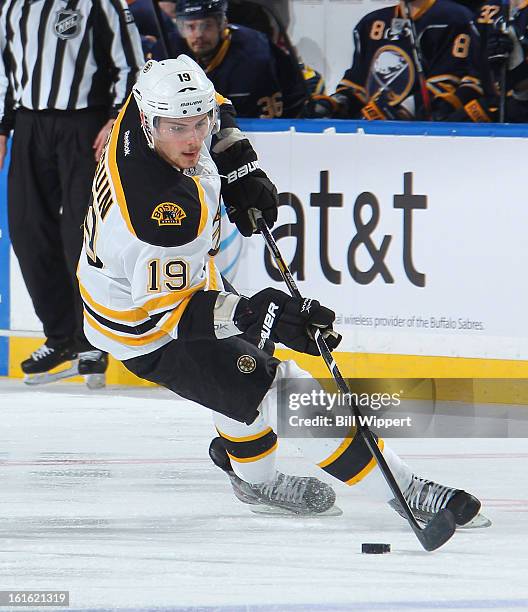 Tyler Seguin of the Boston Bruins skates with the puck against the Buffalo Sabres on February 10, 2013 at the First Niagara Center in Buffalo, New...