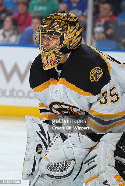 Anton Khudobin of the Boston Bruins tends goal against the Buffalo Sabres on February 10, 2013 at the First Niagara Center in Buffalo, New York.