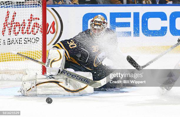 Ryan Miller of the Buffalo Sabres makes a save against the Boston Bruins on February 10, 2013 at the First Niagara Center in Buffalo, New York.