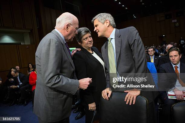 Sen. Patrick Leahy , Homeland Security Secretary Janet Napolitano and Steve Case, chairman and CEO of Revolution, Washington, D.C., chat before...