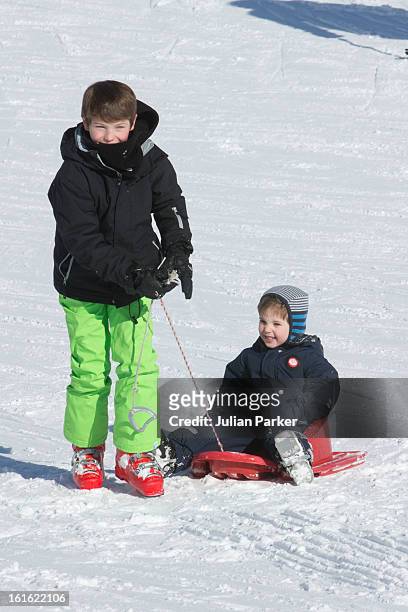 Prince Felix of Denmark and Prince Henrik of Denmark pose during an annual family skiing holiday on February 13, 2013 in Villars-sur-Ollon,...