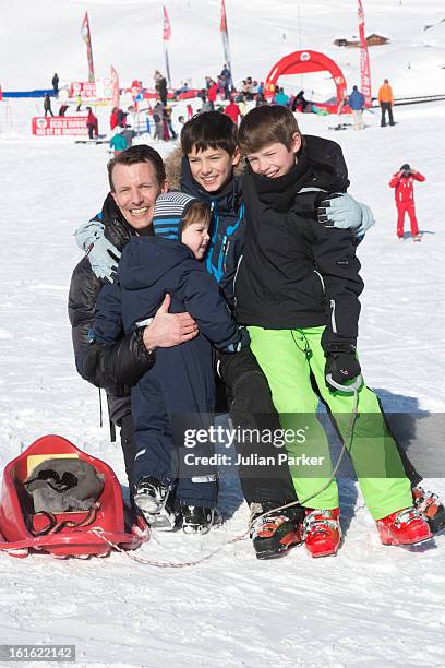 Prince Joachim of Denmark poses with his son's Prince Nikolai, Prince Felix and Prince Henrik during an annual family skiing holiday on February 13,...