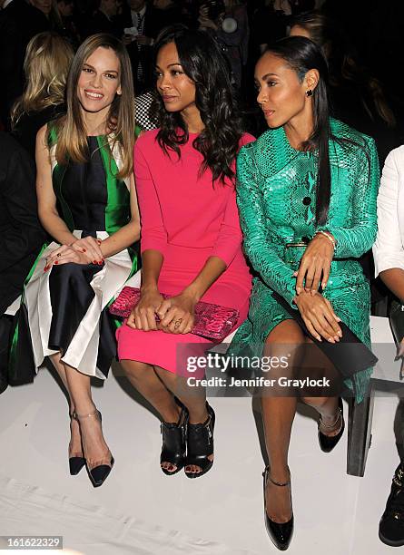 Actress Hilary Swank, Actress Zoe Saldana and Actress Jada Pinkett Smith front row during the Michael Kors Fall 2013 Mercedes-Benz Fashion Show at...
