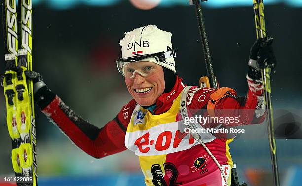 Tora Berger of Norway celebrates after winning the gold medal in the Women's 15km Individual during the IBU Biathlon World Championships at Vysocina...