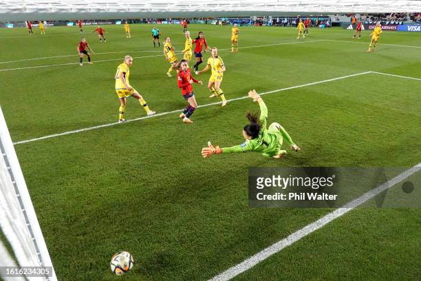 Salma Paralluelo of Spain scores her team's first goal past Zecira Musovic of Sweden during the FIFA Women's World Cup Australia & New Zealand 2023...