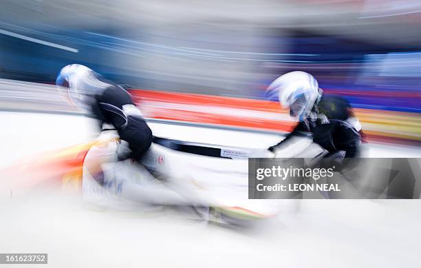 Switzerland's Caroline Spahni pushes off during a training run for the Bobsleigh Women category of the FIBT Bob and Skeleton World Cup 2012/23 at the...