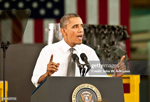 President Barack Obama delivers remarks on the economy at Linamar Corporation on February 13, 2013 in Arden, North Carolina. President Obama...