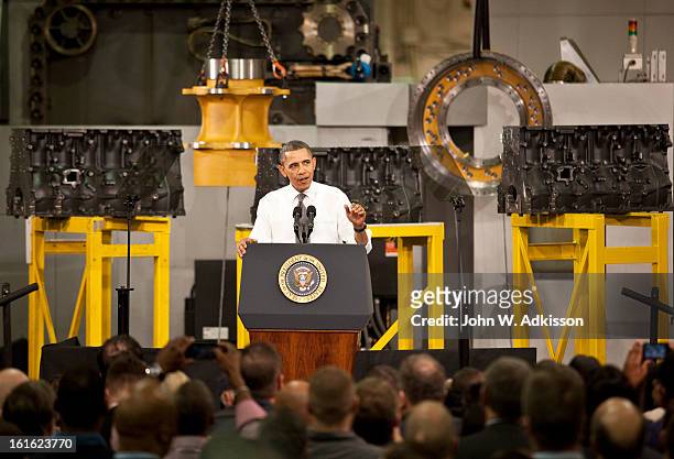 President Barack Obama delivers remarks on the economy at Linamar Corporation on February 13, 2013 in Arden, North Carolina. President Obama...