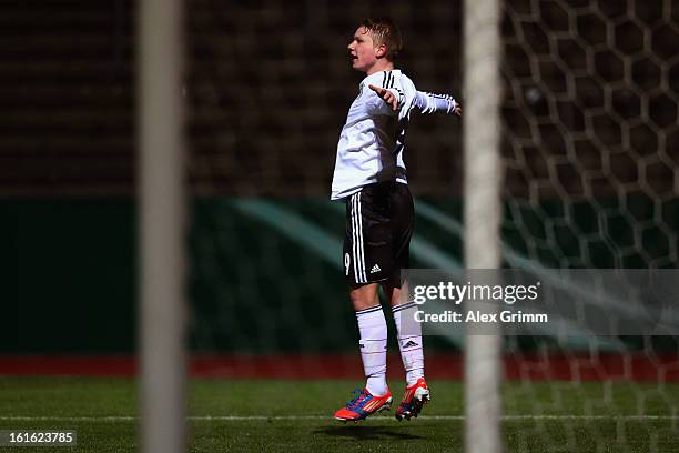 Philipp Ochs of Germany celebrates his team's first goal during the U16 international friendly match between Germany and England at Suedstadion on...