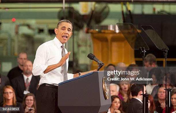 President Barack Obama delivers remarks on the economy at Linamar Corporation on February 13, 2013 in Arden, North Carolina. President Obama...