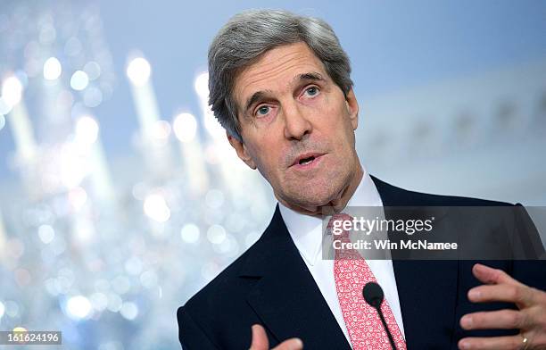 Secretary of State John Kerry answers questions during a joint press conference with Jordanian Foreign Minister Nasser Judeh at the State Department...