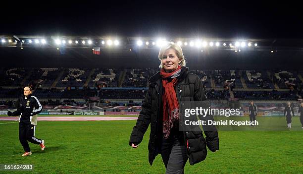 Head coach Silvia Neid of Germany looks on prior the international friendly match between France and Germany at Stade de la Meinau on February 13,...