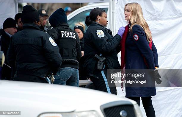 Daryl Hannah is handcuffed and arrested during the Keystone XL Pipeline Protest at Lafayette Park on February 13, 2013 in Washington, DC.