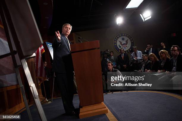 Sen. Linsey Graham speaks to the media about gun control regulation at a press conference on Capitol Hill in Washington D.C., February 13, 2013....
