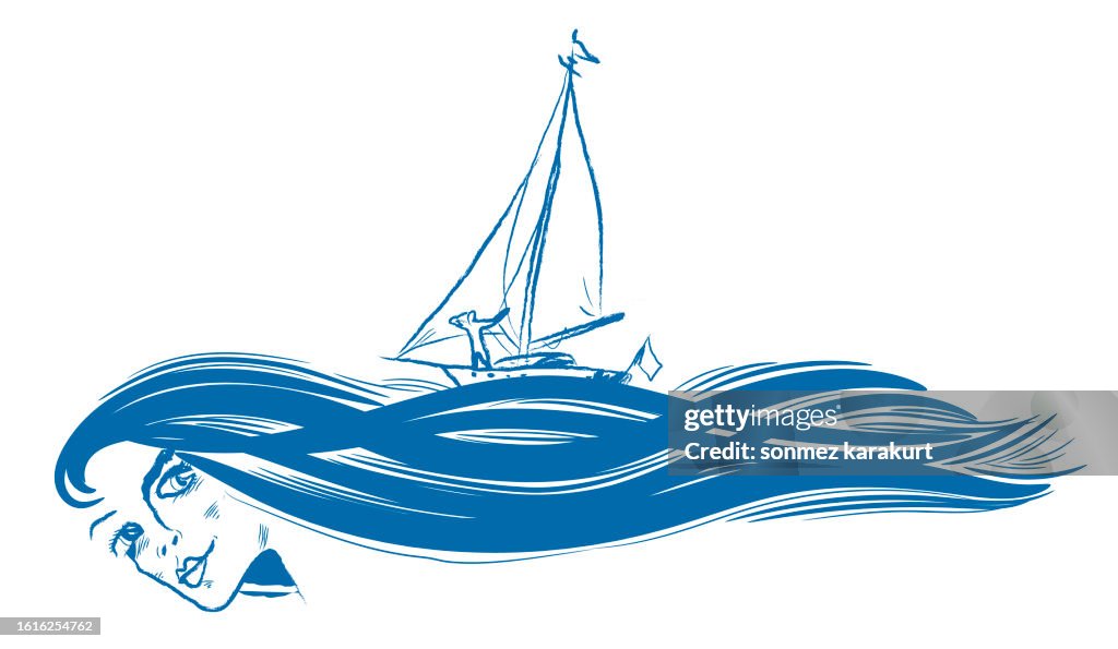 A sailing boat in a woman's wavy hair