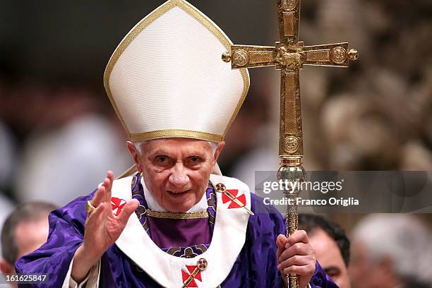 Pope Benedict XVI leads the Ash Wednesday service at the St. Peter's Basilica on February 13, 2013 in Vatican City, Vatican. Ash Wednesday opens the...