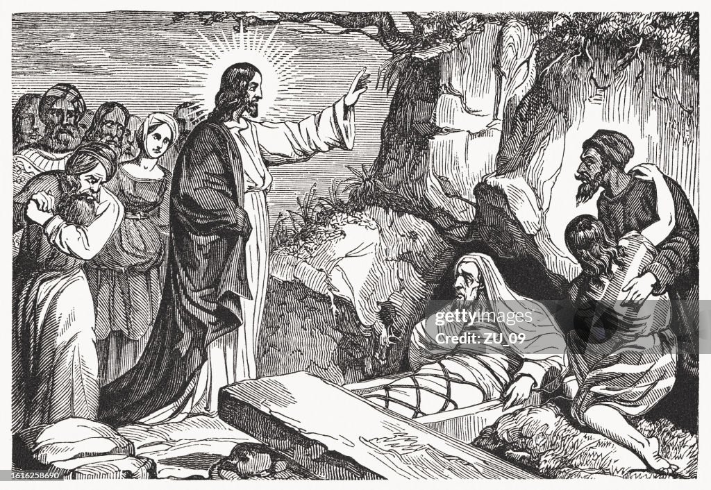 Jesus Raises Lazarus (John 11), wood engraving, published in 1837