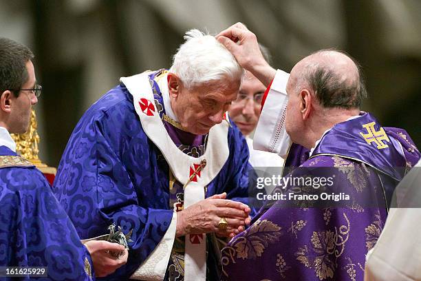 Pope Benedict XVI leads the Ash Wednesday service at the St. Peter's Basilica on February 13, 2013 in Vatican City, Vatican. Ash Wednesday opens the...