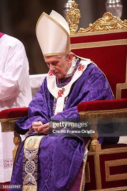 Pope Benedict XVI leads the Ash Wednesday service at the St. Peter's Basilica on February 13, 2013 in Vatican City, Vatican. Ash Wednesday opens the...