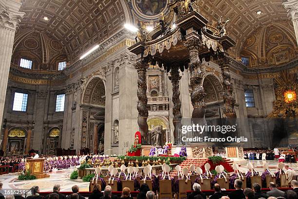 General view of St. Peter's Basilica during the Ash Wednesday service held by Pope Benedict XVI on February 13, 2013 in Vatican City, Vatican. Ash...