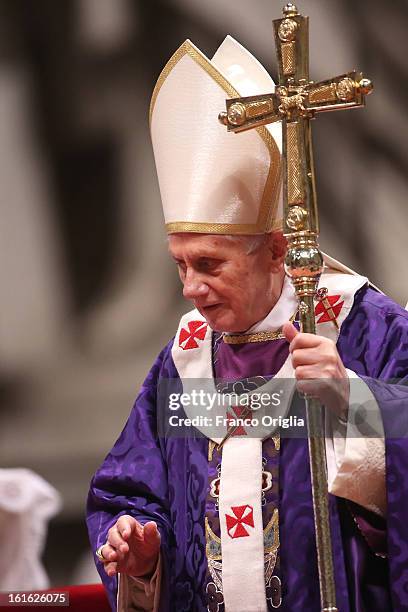 Pope Benedict XVI leads the Ash Wednesday service at the St. Peter's Basilica on February 13, 2013 in Vatican City, Vatican. Ash Wednesday opens the...