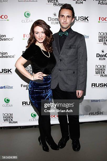 Personality Briella Calafiore and actor Brandon Monokian attend Nolcha Fashion Week New York 2013 presented by RUSK at Pier 59 Studios on February...